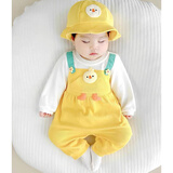 卿宝蓓婴儿衣服女宝宝春装超萌可爱3个月连体衣6秋新生儿套装洋气外出服 小鸡黄色假背带+帽子 80cm 80码8-12个月 身高70-75厘米