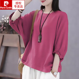 皮尔卡丹（pierre cardin）纯色棉麻t恤女七分袖2025夏季新款文艺复古宽松圆领显瘦上衣 紫红色 3XL 建议150-170斤