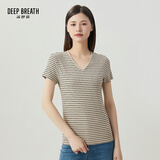 深呼吸DEEP BREATH女装简约休闲V领修身条纹莫代尔短袖T恤女A301159 灰 L (4码)