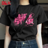 班尼路S&K系列短袖t恤女装夏季纯棉新款宽松半袖休闲上衣服小个子女生 黑-粉luck白星 【100%纯棉】 XL -推荐体重130-140斤（卡码拍大）