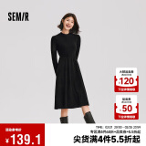 森马（Semir）连衣裙女中长款修身正肩内搭2024冬拼接灯芯绒小黑裙109724114001