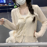 沂懿开衫薄款女镂空针织衫外搭轻薄针织开衫配裙子上衣罩衫空调衫外套 杏色镂空木耳边开衫【均码】