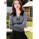 百图betu女装秋季新款毛针织衫拼色翻领甜美纽扣针织衫女2408T10 灰色 L