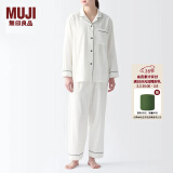 无印良品（MUJI） 女式 无侧缝双层纱织睡衣女士家居服春秋纯棉条纹格纹长袖 米白色 XL(上装165/92A下装165/74A)