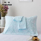 棉田枕巾纯棉纱布枕头巾无捻纱单人枕头毛巾透气吸汗枕巾 雨后蔷薇 蓝色单条装 50*80