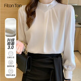 FitonTon缎面衬衫女春秋款洋气钉珠纯色打底衫设计感韩版长袖衬衣圆领上衣