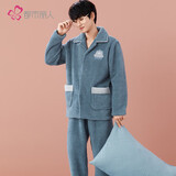 都市丽人睡衣男套装情侣加厚翻领刺绣米粒绒珊瑚绒宽松家居服4H2101