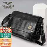法莱阿玛尼（FALAMAONE）斜挎包男商务休闲男士单肩包牛皮+超纤通勤包男式简约挂肩邮差包 黑色【大号】