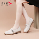 红蜻蜓品牌女鞋软皮软底妈妈鞋女单鞋浅口平底乐福鞋女WTB152452米白36