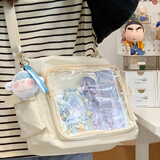 栢启歆痛包透明吧唧单肩斜挎娃包男女学院风大容量上课装书邮差包谷子包 米白痛包【带白头羊挂件+扎板】