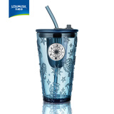 乐唯诗（LOVWISH）大容量网红吸管杯绿色冰美式咖啡玻璃杯有盖高颜值创意浮雕水杯子 墨兰星座杯【银色印章】 450ml 1只