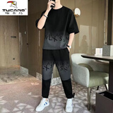 啄木鸟（TUCANO） 夏季T恤短袖套装男士渐变韩版潮流时尚宽松学生休闲运动一套搭配 黑色661【长裤套装】 XL 【120-135斤】