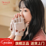 笙格儿毛线手套女秋冬季学生写字骑行针织保暖翻盖半指手套冬天户外女士 卡其色 均码有弹性