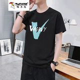 啄木鸟纯棉短袖t恤男夏季白色大码男士打底衫潮流圆领上衣服半袖男装 黑色 L