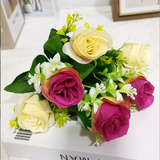 禾娘 单支假花仿真花束玫瑰花卉干花绢布塑料花小把束布艺装饰插花 6头桃香玫瑰红香槟