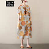 简当大码女装胖MM夏季复古圆点印花文艺度假风过膝中长款连衣裙子8360 桔色 均码 【185斤以下】