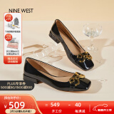 NINE WEST/玖熙低跟单鞋牛漆皮浅口方头金属饰扣工作女鞋NF445006FK 黑色37