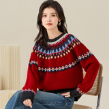 金菊新年红品100%绵羊毛秋冬新款圆领民族风毛衣女羊毛衫 红色 S 