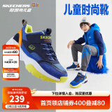 Skechers斯凯奇儿童绒绒靴男女童冬季防滑儿童加绒运动鞋中帮棉靴302527L 男童-不加绒/蓝色/多彩色/BLMT 37