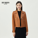 深呼吸DEEP BREATH女装绵羊皮翻领拉链机车皮衣夹克外套女A400158 焦橙 S (2码)