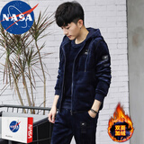 NASA BASE 运动套装男冬季加绒加厚金丝绒三件套男装运动服跑步服健身服 蓝色 XL
