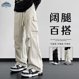 顶峰保罗（Dingfengbaoluo）美式休闲工装裤男夏季潮流阔腿直筒裤机能伞兵长裤子DFK73米白M