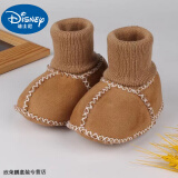 迪士尼（Disney）羊皮毛一体婴儿鞋袜保暖加厚秋冬季宝宝棉鞋软底不掉学步鞋0-6-12 深卡其布色 麝皮绒深卡其 可水洗 1双 均码 内长12CM(6-12个月)