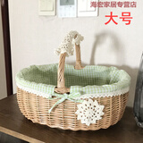 藤编收纳筐收纳篮购物篮小竹篮礼品篮柳编水果篮手提买菜篮子田园 原木色绿格布大号