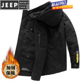 JEEP SPIRIT男士外套纯棉连帽夹克男冬季加绒加厚青年大码保暖冬装中长款外衣 黑色 2XL 140-155斤