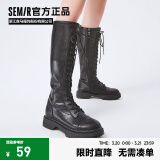 Semir官方正品时装靴女靴春秋季新款潮流休闲高帮系带机车靴长筒靴女 黑色 35