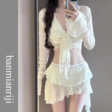栢启歆泳衣女纯欲比基尼夏季新款显瘦保守遮肚性感分体度假泡温泉高级感 米白四件套【80-120斤】