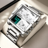 马克华菲（MARK FAIRWHALE）手表男士全自动潮流方形运动学生石英男表双显男表腕表送男友礼物 钢带白面