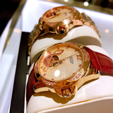 卡罗莱全自动机械表女士手表女表镶钻镂空精钢个性时尚商务防水潮流腕表 皮金粉酒红皮