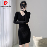 皮尔卡丹（pierre cardin）打底针织连衣裙女V领秋冬季配大衣内搭毛衣裙修身小个子包臀短裙 黑色 M 100-110斤