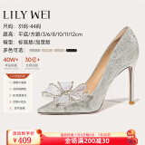 Lily Wei怦然心动法式高跟鞋仙女水晶婚鞋细跟尖头新娘蝴蝶结    新年红品 银色【跟高10厘米】 37