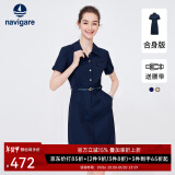 Navigare意大利小帆船短袖衬衫裙女士夏季时尚百搭小个子连衣裙简约中裙女 海军蓝 M 码