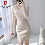 皮尔卡丹（pierre cardin）打底针织连衣裙女V领秋冬季配大衣内搭毛衣裙修身小个子包臀短裙 杏色 S 80-100斤