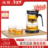 尚明玻璃内胆飘逸杯茶水分离耐热泡茶壶一键过滤泡茶神器家用茶具套装 500ml+保温底座+托盘+2小杯