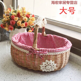 藤编收纳筐收纳篮购物篮小竹篮礼品篮柳编水果篮手提买菜篮子田园 原木色红格布大号