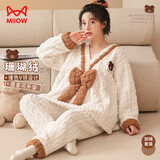 猫人女士睡衣女冬珊瑚绒加绒加厚V领套头蝴蝶结可外穿家居服女米色M