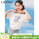 lagogo拉谷谷猫咪花朵小白T春夏新款圆领字母印花短袖T恤女正肩 本白色（V1） 155/S/36