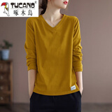 啄木鸟棉长袖t恤宽松妈吗装春秋季新款V领印花打底衫上衣女潮 黄色【纯色款】 XL 建议130-145斤