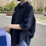 镜渝先生日系原单女衬衫中袖薄款衬衫女夏季新款宽松显瘦百搭棉衬衣休 藏青色 L 110-125斤