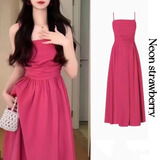 具趣茶歇法式玫红色吊带连衣裙子女夏季新款收腰显瘦海边度假长裙 玫红色 L 100-115斤