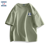 GENIOLAMODEt恤男纯棉透气夏季休闲时尚简约印花百搭短袖男生衣服 棕绿 XL