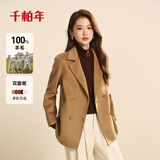 千柏年100%羊毛双排扣毛呢韩版大衣女西装领高级双面呢秋冬外套 黄驼L