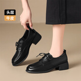 ZHR头层牛皮单鞋女通勤粗跟乐福鞋女职业女鞋正装商务皮鞋KM28黑色35