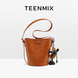 天美意（TEENMIX）女包牛皮水桶包复古斜挎通勤单肩包实用生日礼物送女友老婆妈妈
