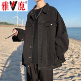 雅鹿牛仔外套男春季男装港风潮流宽松夹克上衣春秋款外衣痞帅工装衣服 黑色 XL [建议体重120-140斤]