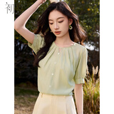 初申夏季短袖衬衫女设计感V领镂空优雅气质度假风雪纺衫小衫S52X016